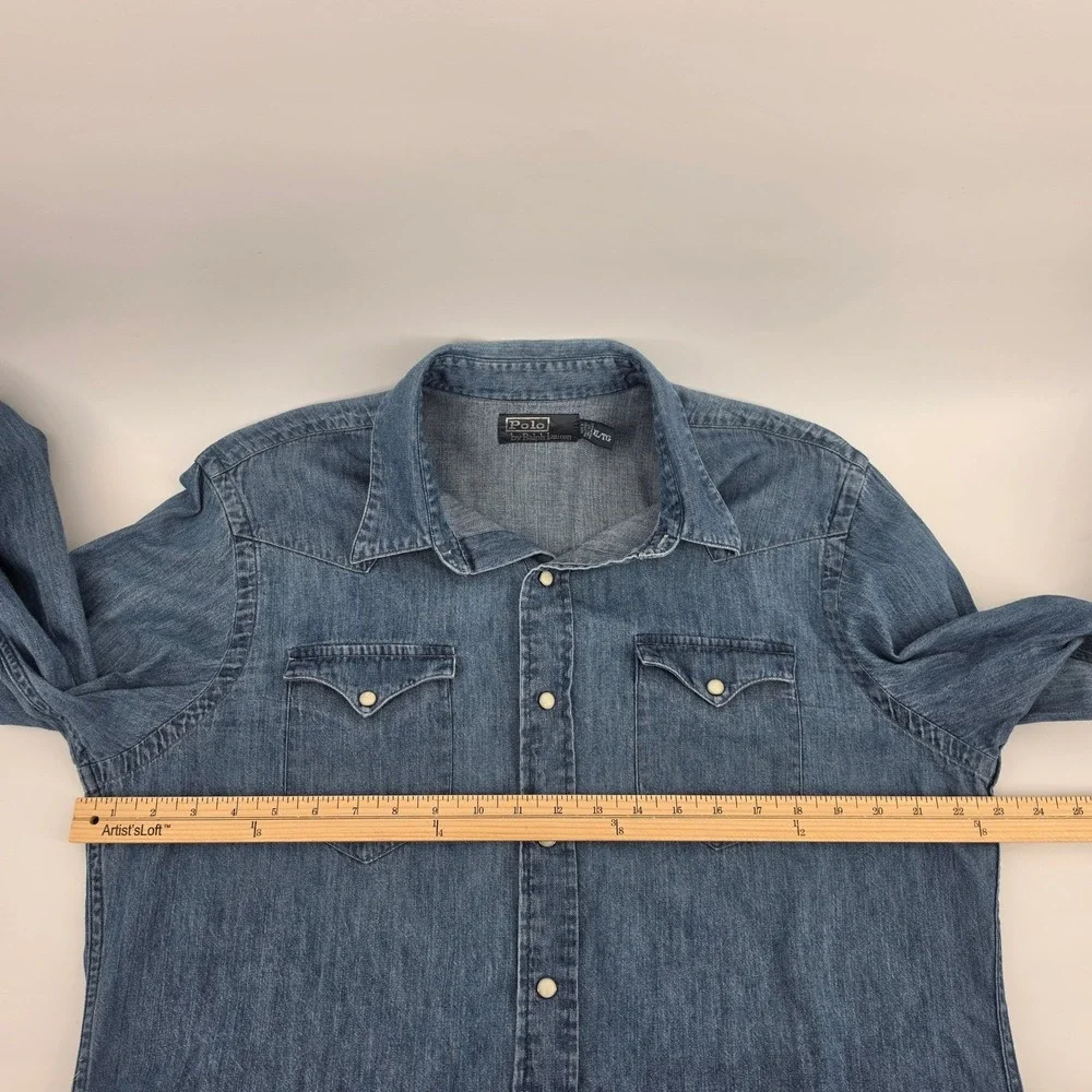 Polo Ralph Lauren Mens Denim Western Pearl Snap Shirt Size XL Long Sleeve